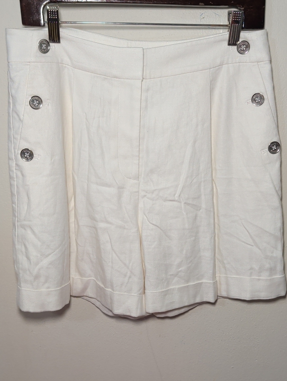 Michael Kors High Waist Linen-Blend Shorts White Silver Buttons Women's Size 8